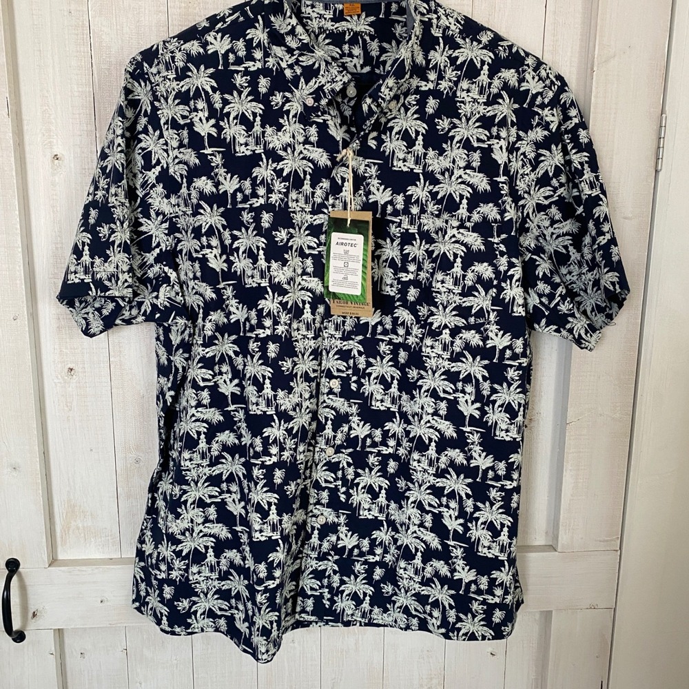Tailor Vintage Luxe Performance Palm Tree Shirt Navy White XXL Airotec Stretch